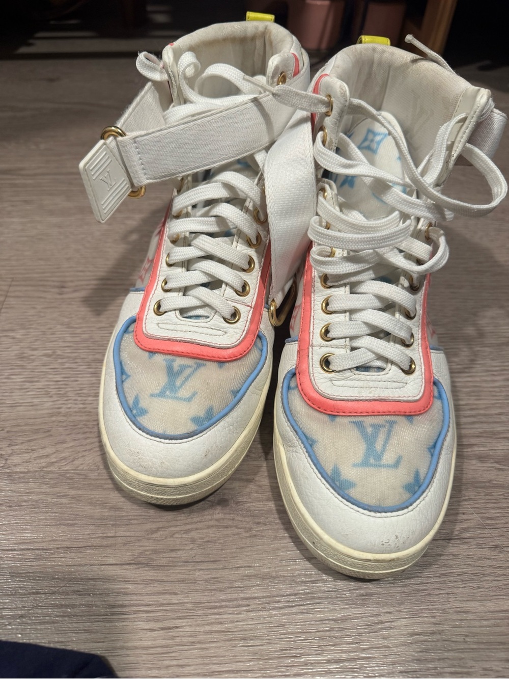 Louis Vuitton White & Pink High-Top Sneakers